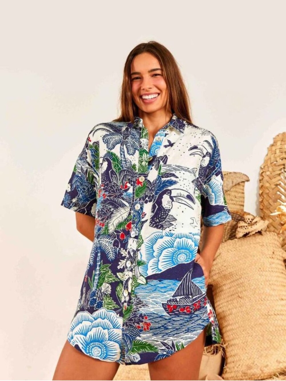 Farm rio Tropical Print Button-Up jumper nwt ptp 26 length 35 rare pattern!!! - Picture 10 of 10